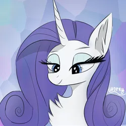 Size: 2048x2048 | Tagged: safe, artist:worny, derpibooru import, rarity, unicorn, g4, abstract background, alternate hairstyle, bedroom eyes, big mane, blue background, blue eyes, blue eyeshadow, chest fluff, curvy, ear fluff, eyebrows, eyelashes, eyeshadow, female, fluffy, horn, huge mane, image, jpeg, light blue background, makeup, purple background, purple mane, signature, simple background, smiling, solo, solo female