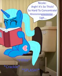 Size: 1992x2415 | Tagged: suggestive, artist:memeartboi, derpibooru import, crackle, ponified, pony, unicorn, g4, bathroom, big one, book, but why, constipated, cute, eyes closed, female, grunt, grunting, heart, heart cutiemark, hnnng, holding a book, horn, image, imminent flush, implied farting, implied pooping, indoors, mare, mother, nicole watterson, onomatopoeia, png, pushing, sitting, sitting on toilet, solo, solo female, sound effects, speech bubble, struggle, struggling, text, the amazing world of gumball, thick, toilet, toilet humor, toilet paper, ugh, unicorn horn