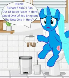 Size: 2081x2322 | Tagged: safe, artist:memeartboi, derpibooru import, ponified, pony, unicorn, g4, bathroom, but why, calling, empty toilet paper spool, female, heart, heart cutiemark, horn, image, imminent flush, indoors, jpeg, mare, mother, nervous, nicole watterson, open mouth, plunger, sitting, sitting on toilet, solo, solo female, speech bubble, text, the amazing world of gumball, toilet, toilet humor, toilet paper roll, toilet paper tube, trash can, unicorn horn, worried