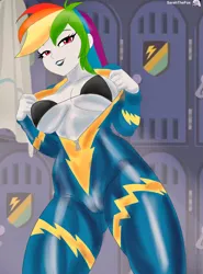 Size: 2500x3382 | Tagged: suggestive, artist:sarahthefox97, derpibooru import, rainbow dash, human, equestria girls, g4, bra, breasts, busty rainbow dash, clothes, female, image, jpeg, locker room, open clothes, solo, solo female, stupid sexy rainbow dash, underwear, uniform, wonderbolts uniform