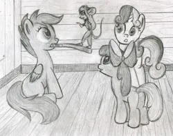 Size: 1308x1032 | Tagged: safe, artist:athlete-grizzle, ponerpics import, apple bloom, scootaloo, sweetie belle, anthro, earth pony, mouse, pegasus, pony, unicorn, clothes, clubhouse, cutie mark crusaders, female, females only, gadget hackwrench, goggles, grayscale, image, jpeg, monochrome, notepad, pencil drawing, pointing, traditional art