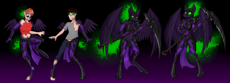 Size: 5000x1800 | Tagged: safe, artist:tomek1000, derpibooru import, oc, unofficial characters only, alicorn, anthro, bat pony, human, unguligrade anthro, armor, duo, fantasy class, female, high res, human to anthro, image, male, multeity, png, scythe, surprised, transformation, transgender transformation, twinning, warrior, weapon