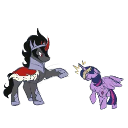 Size: 2048x2048 | Tagged: safe, artist:amanecerlobo, derpibooru import, king sombra, twilight sparkle, twilight sparkle (alicorn), alicorn, pony, unicorn, g4, duo, duo male and female, female, food, horn, image, male, mare, png, quesadilla, stallion, throwing