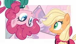 Size: 2048x1187 | Tagged: safe, artist:nay_kater, derpibooru import, applejack, pinkie pie, earth pony, pony, g4, belt, clothes, crossover, duo, duo female, female, freckles, image, jacket, jpeg, mare, open mouth, pink guard (squid game), pinkie being pinkie, shirt, squid game, squid game 2, t-shirt, upside down