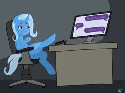 Size: 1508x1120 | Tagged: safe, artist:tiska, derpibooru import, starlight glimmer, pony, unicorn, g4, art, chair, chat, computer, cyrillic, desk, horn, image, keyboard, office chair, png, russian, solo