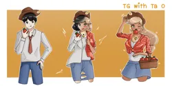 Size: 2400x1200 | Tagged: safe, artist:tao-tg, derpibooru import, applejack, human, equestria girls, g4, apple, applejack's hat, basket, clothes, cowboy hat, element of honesty, female, flannel, food, hat, image, jewelry, male, male to female, mouth hold, necklace, png, rule 63, transformation, transformation sequence, transforming clothes, transgender transformation