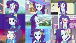 Size: 1280x720 | Tagged: safe, derpibooru import, edit, edited screencap, editor:totaldramaguy95, screencap, rarity, human, camping must-haves, do it for the ponygram!, equestria girls, equestria girls series, g4, spoiler:eqg series (season 2), camp everfree outfits, collage, female, glasses, hat, image, jpeg, lotion, music festival outfit, my little pony equestria girls, my little pony equestria girls: better together, my little pony equestria girls: legend of everfree, rarity's glasses, sun hat