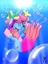 Size: 1620x2160 | Tagged: safe, artist:jesslmc16, derpibooru import, idw, sea pony, g5, my little pony: tell your tale, alternate hairstyle, bubble, cute, cutie mark, enchantment under the sea, eyes closed, female, image, misty brightdawn, my little pony: set your sail, ocean, png, rebirth misty, smiling, solo, solo female, water