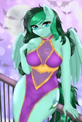 Size: 1900x2800 | Tagged: suggestive, artist:jerraldina, derpibooru import, oc, oc:eden shallowleaf, unofficial characters only, anthro, bat, pegasus, belly, belly button, breasts, clothes, commission, dress, female, gown, image, looking at you, pegasus oc, png, railing, reasonably sized breasts, see-through, smiling, smiling at you, solo, wings, ych result