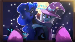 Size: 1920x1080 | Tagged: safe, artist:hierozaki, derpibooru import, princess luna, trixie, twilight sparkle, alicorn, pony, unicorn, g4, duo, duo female, female, full moon, grammar error, hooves, horn, image, looking at each other, looking at someone, mare, moon, night, offscreen character, png, smiling, smiling at each other, wish you were here