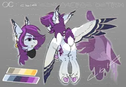 Size: 1432x985 | Tagged: safe, artist:ostrum, derpibooru import, oc, oc:sych, unofficial characters only, bird, bird pone, pegasus, pony, blue eyes, ear piercing, eyebrow piercing, female, fluffy, fluffy butt, frog (hoof), hoofbutt, image, lip piercing, mealy mouth (coat marking), piercing, png, purple hair, reference sheet, solo, underhoof