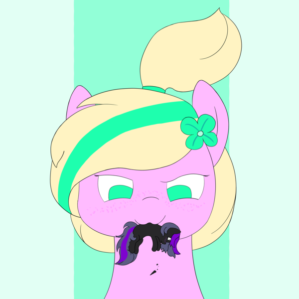 Size: 3840x3840 | Tagged: safe, artist:sweetshadow, derpibooru import, oc, oc:emerald bubble, oc:sweet shadow, unofficial characters only, earth pony, pony, unicorn, :3, >:3, broken horn, female, flower, flower in hair, freckles, front view, horn, image, macro, male, mare, micro, png, ponytail, size difference, stallion, tail, two toned hair, two toned mane, two toned tail