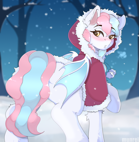 Size: 2088x2133 | Tagged: safe, artist:munrei, derpibooru import, oc, oc:sweet taffy, bat pony, bat wings, blushing, commission, image, looking back, png, wings, winter, ych result