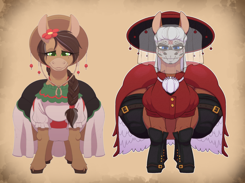 Size: 3338x2500 | Tagged: suggestive, artist:quarantinedchaoz, derpibooru import, oc, oc:abuela assetta, oc:maxilla muertos, unofficial characters only, donkey, angry, burrochica, clothes, donkey oc, dress, duo, duo female, face paint, female, flower, flower in hair, hat, image, large butt, mexican, mexico, necromancer, png, simple background, socks, thigh highs, thighs, thunder thighs, wide hips