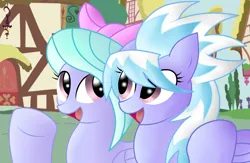 Size: 2600x1700 | Tagged: safe, artist:pikashoe90, derpibooru import, cloudchaser, flitter, pegasus, pony, g4, 2012, bow, duo, duo female, female, hair bow, happy, image, jpeg, looking at each other, looking at someone, mare, old art, open mouth, open smile, ponyville, siblings, sisters, smiling, smiling at each other, solo, twins