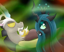 Size: 1828x1500 | Tagged: safe, artist:pikashoe90, derpibooru import, discord, queen chrysalis, changeling, changeling queen, draconequus, g4, 2012, duo, female, image, jpeg, male, old art