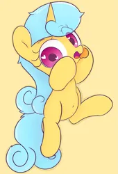 Size: 1285x1890 | Tagged: safe, artist:violavaquita, ponerpics import, lemon hearts, pony, unicorn, belly, belly button, female, filly, heart eyes, image, looking at you, open mouth, png, simple background, wingding eyes