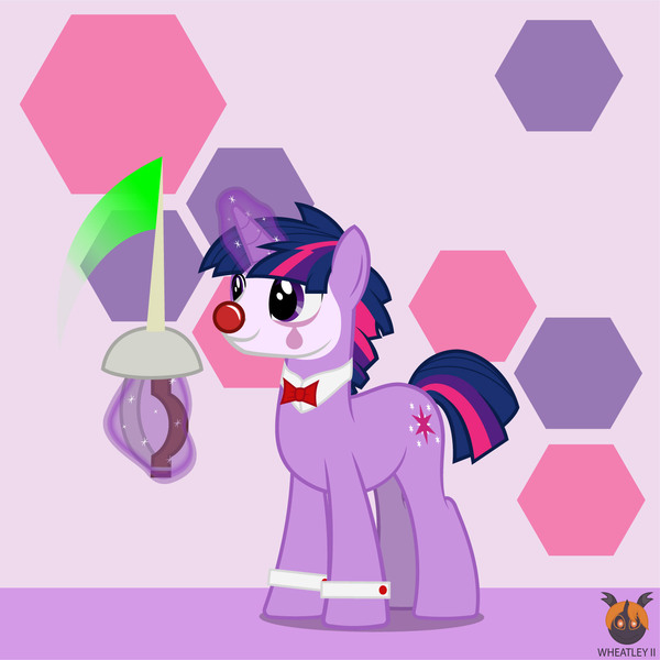 Size: 1418x1418 | Tagged: safe, artist:wheatley r.h., derpibooru import, oc, oc:twi clown, unofficial characters only, pony, unicorn, bowtie, clown, clown makeup, clown nose, cuffs (clothes), derpibooru exclusive, dusk clown, happy, horn, image, jpeg, male, rapier, red nose, rule 63, simple background, solo, stallion, sword, unicorn oc, vector, watermark, weapon