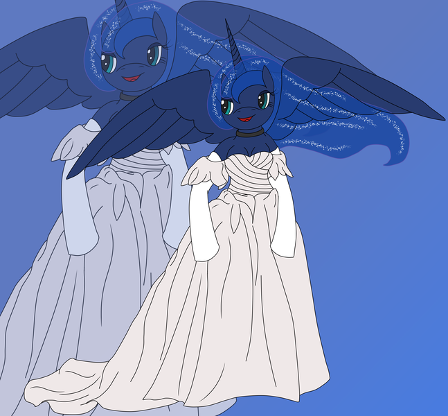 Size: 2750x2549 | Tagged: safe, artist:timejumper, derpibooru import, princess luna, alicorn, anthro, g4, choker, clothes, dress, evening gloves, gloves, gown, image, long gloves, png, simple background, solo, wedding dress, zoom layer