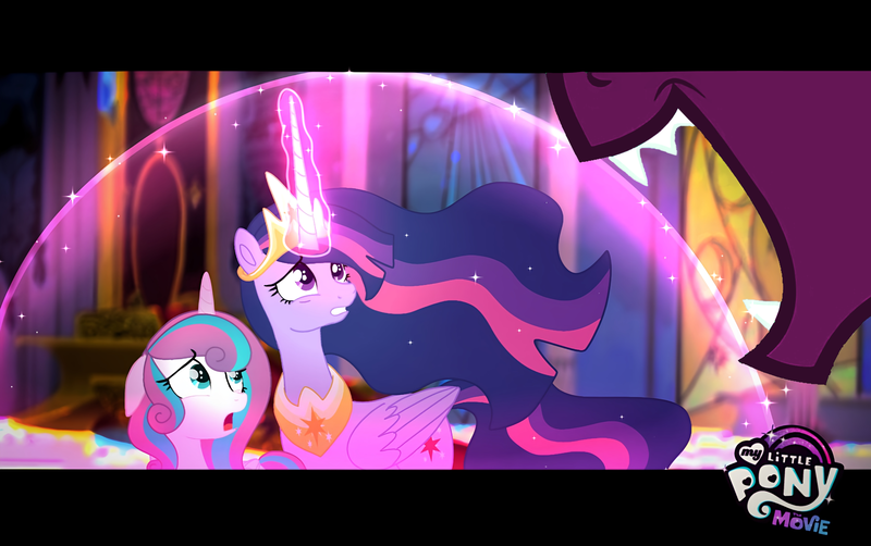 Size: 2624x1648 | Tagged: safe, artist:jaanhavi, derpibooru import, princess flurry heart, princess twilight 2.0, twilight sparkle, twilight sparkle (alicorn), alicorn, pony, g4, g5, the last problem, canterlot castle, evil laugh, female, force field, image, laughing, mare, older, older flurry heart, older twilight, older twilight sparkle (alicorn), opaline arcana, png, throne room