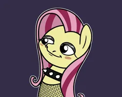 Size: 2048x1639 | Tagged: safe, artist:ewoudcponies, derpibooru import, fluttershy, pegasus, pony, blush sticker, blushing, choker, emoshy, female, fishnet clothing, image, lidded eyes, mare, outline, png, purple background, simple background, solo, spiked choker, white outline