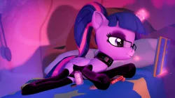 Size: 5120x2880 | Tagged: safe, artist:silkworm205, derpibooru import, twilight sparkle, twilight sparkle (alicorn), alicorn, pony, series:silkworm205's weekly artwork 2024, g4, 3d, alternate hairstyle, bed, book, clothes, colored eyebrows, colored wings, colored wingtips, cookie, cookie jar, corset, eating, eyebrows, female, fluffy mane, folded wings, food, glasses, glow, glowing horn, high res, horn, image, latex, latex corset, latex leotard, latex socks, lipstick, lying down, magic, nose piercing, on bed, piercing, png, pocky, ponytail, reading, revamped ponies, socks, source filmmaker, source filmmaker resource, tail, tail wrap, telekinesis, wings