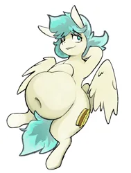 Size: 1332x1762 | Tagged: suggestive, artist:waxfeather, derpibooru import, oc, oc:frozen star, pegasus, pony, arm behind head, belly, big belly, digestion, female, image, jpeg, looking away, mare, pegasus oc, resting, solo, vore, wings