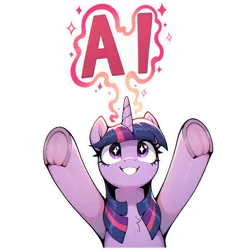 Size: 2128x2127 | Tagged: safe, ai content, derpibooru import, editor:marestare, generator:zoinksnoob, machine learning generated, prompter:marestare, stable diffusion, twilight sparkle, pony, unicorn, g4, ai composition, border, female, frog (hoof), half body, happy, horn, image, looking up, magic, magic aura, mare, png, raised hoof, raised hooves, shading, simple background, smiling, solo, solo female, starry eyes, stars, teeth, text, transparent background, underhoof, wingding eyes