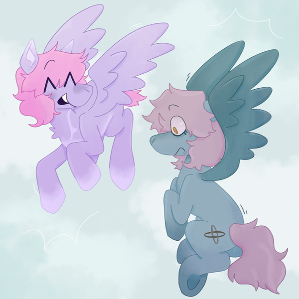 Size: 1280x1280 | Tagged: safe, artist:brynnstic, derpibooru import, oc, oc:heart catcher, oc:moonrise glimmers, unofficial characters only, pegasus, pony, cloud, duo, eye clipping through hair, eyebrows, flying, image, multiple characters, pegasus oc, png, raised hoof, simple background, sky, spread wings, wings