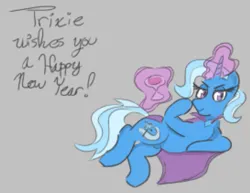 Size: 769x595 | Tagged: safe, artist:otl crafts, derpibooru import, trixie, pony, unicorn, g4, alcohol, boop, cape, clothes, dialogue, happy new year, holiday, horn, image, looking at you, lying down, png, self-boop, solo, trixie's cape, wine