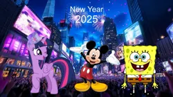 Size: 626x351 | Tagged: safe, artist:questphillips, twilight sparkle, twilight sparkle (alicorn), alicorn, mouse, pony, unicorn, g4, 2025, 2025 new years, crossover, disney, female, happy new year, happy new year 2025, hat, holiday, image, jpeg, male, mickey mouse, new year 2025, new year's eve, new years eve, new york, new york city, nickelodeon, one eye closed, smiling, smiling at you, sponge, spongebob squarepants, spongebob squarepants (character), times square, wink