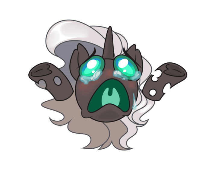 Size: 700x577 | Tagged: artist needed, safe, derpibooru import, oc, oc:kitu elder, unofficial characters only, changeling, changeling queen, bust, changeling oc, crying, ears, emote, emotes, female, gray coat, horn, image, meme, png, portrait, simple background, solo, solo female, teal eyes, transparent background, white mane