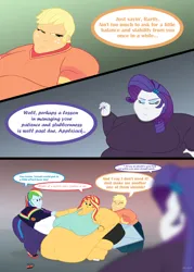 Size: 3000x4200 | Tagged: suggestive, artist:neongothic, derpibooru import, applejack, rainbow dash, rarity, sunset shimmer, equestria girls, g4, applefat, bbw, belly, big belly, breasts, chubby cheeks, comic, double chin, fat, fat ass, fat boobs, fat fetish, fetish, geode of shielding, image, immobile, implied lesbian, implied rarijack, implied shipping, magical geodes, morbidly obese, obese, png, rainblob dash, raritubby, slobset shimmer, ssbbw, thighs, thunder thighs, video game, weight gain