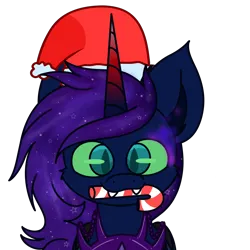 Size: 2000x2000 | Tagged: safe, artist:nhale, derpibooru import, oc, oc:prince jules, unofficial characters only, alicorn, pony, candy, candy cane, christmas, commission, dark blue coat, ethereal mane, fangs, food, galaxy mane, green eyes, holiday, image, png, princess, sharp teeth, simple background, solo, teeth, transparent background