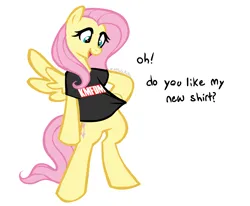 Size: 1323x1091 | Tagged: safe, artist:zeffdakilla, derpibooru import, fluttershy, pegasus, pony, g4, bipedal, clothes, image, kmfdm, png, shirt, simple background, smiling, solo, standing, talking, text, tugging on shirt, white background