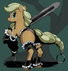 Size: 2918x3081 | Tagged: safe, artist:_ton618_, derpibooru import, applejack, earth pony, pony, g4, applebutt, braid, braided tail, butt, butt freckles, female, freckles, greatsword, high res, image, jpeg, looking at you, looking back, looking back at you, mare, missing cutie mark, plot, rear view, rearing, solo, sword, tail, weapon