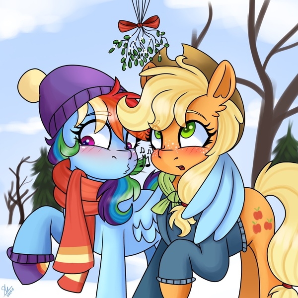 Size: 1280x1280 | Tagged: safe, artist:galaxy swirl, derpibooru import, applejack, rainbow dash, earth pony, pegasus, pony, g4, appledash, applejack's hat, blushing, clothes, cowboy hat, duo, duo female, eye clipping through hair, female, freckles, hat, hug, image, imminent kissing, jpeg, lesbian, looking down, looking up, mare, mistletoe, music notes, open mouth, outdoors, raised hoof, scarf, shipping, snow, tree, winghug, wings, winter