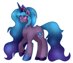 Size: 1280x1107 | Tagged: safe, artist:dazzlingmimi, derpibooru import, izzy moonbow, pony, unicorn, g5, boot, crystal, crystal tiara, darkened coat, darkened hair, ethereal hair, evil grin, female, grin, horn, image, jewelry, mare, nightmare moonbow, nightmarified, png, simple background, smiling, solo, solo female, starry hair, tiara, transparent background