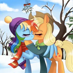 Size: 2048x2048 | Tagged: safe, artist:galaxy swirl, derpibooru import, applejack, rainbow dash, earth pony, pegasus, pony, g4, appledash, applejack's hat, blushing, clothes, cowboy hat, duo, duo female, eyes closed, female, freckles, hat, hug, image, jpeg, kiss on the lips, kissing, lesbian, mare, mistletoe, outdoors, raised hoof, scarf, shipping, snow, tree, winghug, wings, winter