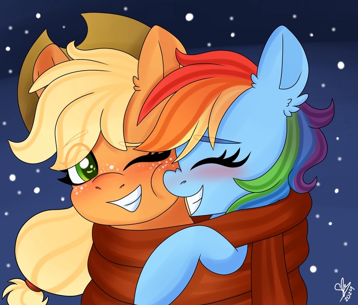 Size: 2000x1702 | Tagged: safe, artist:galaxy swirl, derpibooru import, applejack, rainbow dash, earth pony, pegasus, pony, g4, appledash, applejack's hat, blushing, cheek squish, clothes, cowboy hat, duo, duo female, ear fluff, eye clipping through hair, eyes closed, female, freckles, grin, hat, image, jpeg, lesbian, mare, nose wrinkle, one eye closed, scarf, shared clothing, shared scarf, shipping, smiling, snow, snowfall, squishy cheeks, winter