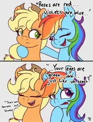 Size: 1536x2016 | Tagged: safe, artist:galaxy swirl, derpibooru import, applejack, rainbow dash, earth pony, pegasus, pony, g4, 2 panel comic, appledash, applejack's hat, comic, cowboy hat, dialogue, duo, duo female, eyes closed, eyes open, female, freckles, hat, image, jpeg, lesbian, looking at each other, looking at someone, mare, one eye closed, open mouth, open smile, shipping, smiling, talking, wink