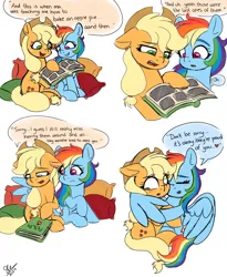 Size: 1680x2048 | Tagged: safe, artist:galaxy swirl, derpibooru import, applejack, rainbow dash, earth pony, pegasus, pony, g4, appledash, applejack's hat, blushing, book, cheek squish, comforting, comic, cowboy hat, cuddling, date (time), dialogue, duo, duo female, eyebrows visible through hair, eyes closed, eyes open, female, floppy ears, freckles, frown, happy, hat, heart, heartwarming, hug, image, implied bright mac, implied pear butter, jpeg, lesbian, looking at someone, looking at something, mare, nose wrinkle, open book, open mouth, open smile, photo album, pillow, reading, sad, shipping, signature, sitting, smiling, speech bubble, squishy cheeks, talking, winghug, wings