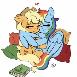 Size: 1332x1321 | Tagged: safe, artist:galaxy swirl, derpibooru import, applejack, rainbow dash, earth pony, pegasus, pony, g4, appledash, applejack's hat, blushing, book, cheek squish, cowboy hat, duo, duo female, eyes closed, female, freckles, hat, heart, hug, image, jpeg, lesbian, mare, nose wrinkle, pillow, shipping, sitting, smiling, squishy cheeks, winghug, wings