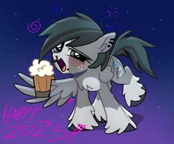 Size: 1723x1430 | Tagged: safe, artist:doodlesinky, derpibooru import, oc, oc:inky doodles, unofficial characters only, pegasus, pony, 2025, alcohol, blaze (coat marking), blushing, chest fluff, chest marking, cider, coat markings, complex background, dizzy, drink, drunk, ear piercing, facial markings, freckles, happy, happy new year, heterochromia, holiday, image, lip piercing, looking at you, new year, nonbinary, nose piercing, pegasus oc, piercing, png, stars, text, unshorn fetlocks, wing hands, wings