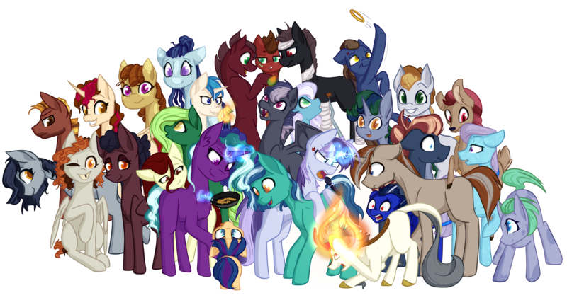 Size: 4082x2197 | Tagged: safe, artist:those kids in the corner, derpibooru import, oc, oc:axis, oc:black lake, oc:daewon, oc:dried petals, oc:evergreen, oc:highland horizon, oc:ki kanmuri, oc:long range, oc:lost frontier, oc:midsummer sonata, oc:mountain song, oc:penelope anne, oc:racing eight, oc:red lake, oc:roving discovery, oc:silverlight, oc:slumbering sequoia, oc:smooth pursuit, oc:spark, oc:sparkling riviera, oc:splendorous bounty, oc:stalwart red, oc:sweet integrity, oc:sweet odyssey, oc:swift ranger, oc:toffee sweet, oc:tuscon bluffs, oc:watercress, oc:white lancer, unofficial characters only, bat pony, crystal pony, deer, deer pony, earth pony, kirin, original species, pegasus, peryton, pony, unicorn, derpibooru community collaboration, 2025 community collab, bandage, bandaged leg, blaze (coat marking), bored, braid, coat markings, colt, confused, crazy face, crutches, dreadlocks, earth pony oc, excited, eyelashes, facial markings, faic, female, fire, foal, food, french fries, frying pan, group, hair ribbon, halo, happy, horn, image, levitation, looking at you, looking back, magic, male, mango, mare, microphone, missing accessory, missing cutie mark, money, on fire, one eye closed, open mouth, pegasus oc, png, ribbon, scales, screaming, shocked, simple background, simple shading, slit pupils, smiling, stallion, telekinesis, tongue out, transparent background, unicorn oc, vitiligo, wall of tags, wings