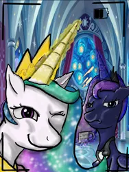 Size: 1222x1627 | Tagged: safe, artist:greatgracie, artist:laura bifano, derpibooru import, princess celestia, princess luna, alicorn, pony, g4, duo, female, i hate mondays, image, jpeg, mare, mug, one eye closed, royal sisters, selfie, siblings, sisters, wink