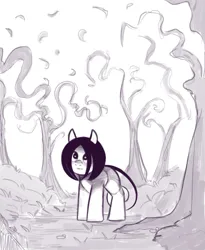 Size: 3359x4096 | Tagged: safe, artist:shouldbedrawing, derpibooru import, oc, oc:strangefilly, unofficial characters only, earth pony, original species, pony, female, image, jpeg, looking up, mare, monochrome, outdoors, solo, tree