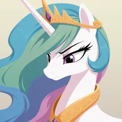 Size: 1024x1024 | Tagged: safe, ai content, generator:zoinksnoob, machine learning generated, princess celestia, alicorn, pony, g4, bust, crown, female, frown, gradient background, image, jewelry, lidded eyes, looking down, mare, peytral, png, prompter:tyto4tme4l, regalia, solo, tantabus exclusive