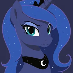 Size: 1024x1024 | Tagged: safe, ai content, generator:zoinksnoob, machine learning generated, princess luna, alicorn, pony, g4, bust, crown, ethereal mane, female, frown, image, jewelry, lidded eyes, looking at you, mare, peytral, png, prompter:tyto4tme4l, regalia, simple background, solo, starry mane, tantabus exclusive