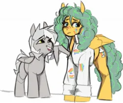 Size: 1628x1371 | Tagged: safe, artist:shouldbedrawing, derpibooru import, oc, unofficial characters only, pegasus, pony, clothes, duo, duo female, female, freckles, frown, height difference, image, jpeg, lab coat, mare, one wing out, open mouth, open smile, simple background, smiling, white background, wings